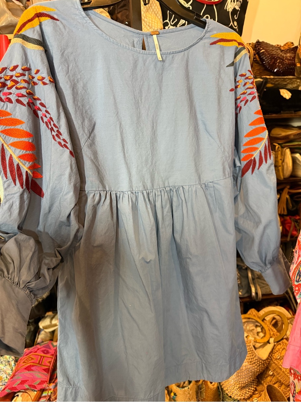 Free People Blue Embroidered Sleeve Obsessions Mini Dress